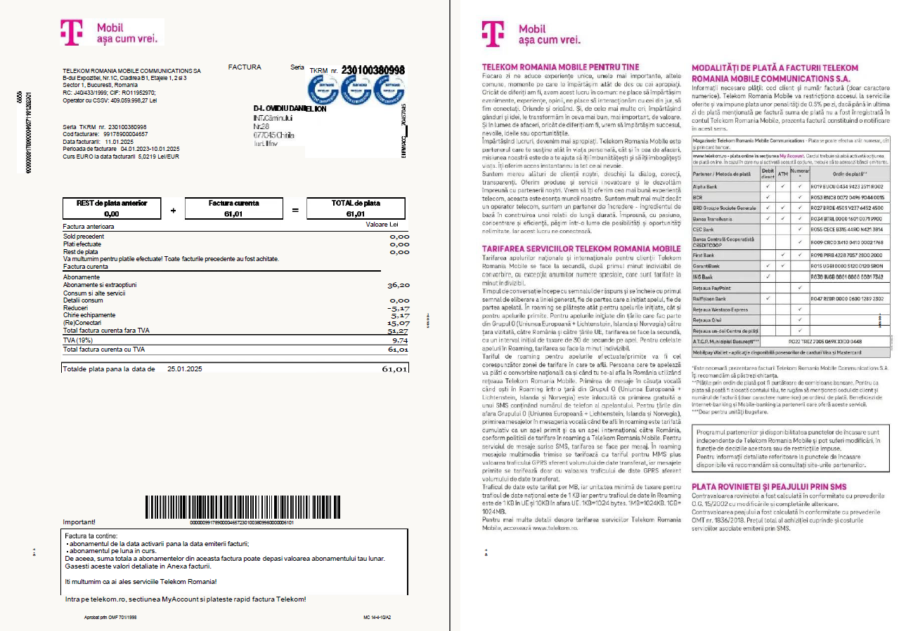 Romania T Mobile utility bill template in Word and PDF formats, 4 pages, 1 2 pages